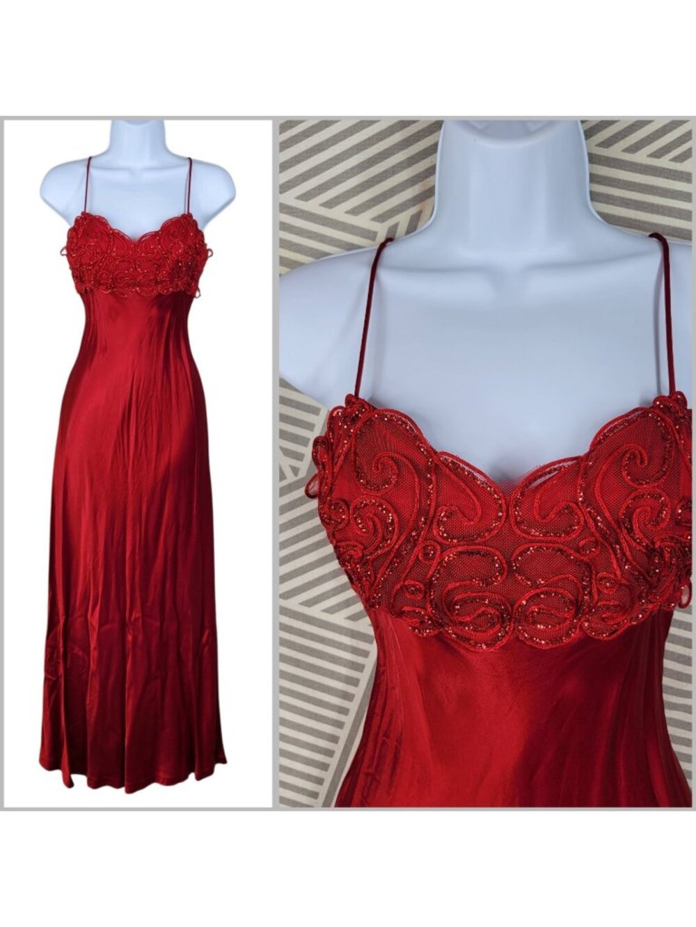 Evening Satin Slip Dress Size 4-6 Maxi Long Red Sequin Glitter Prom Vintage 90s